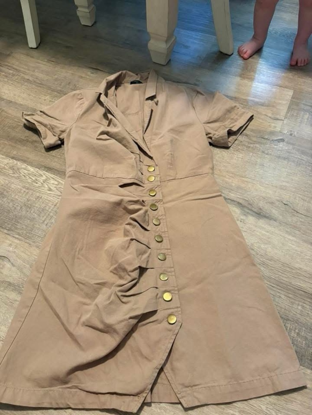 Final Touch Button-Front Midi Dress in Tan with Gold Buttons